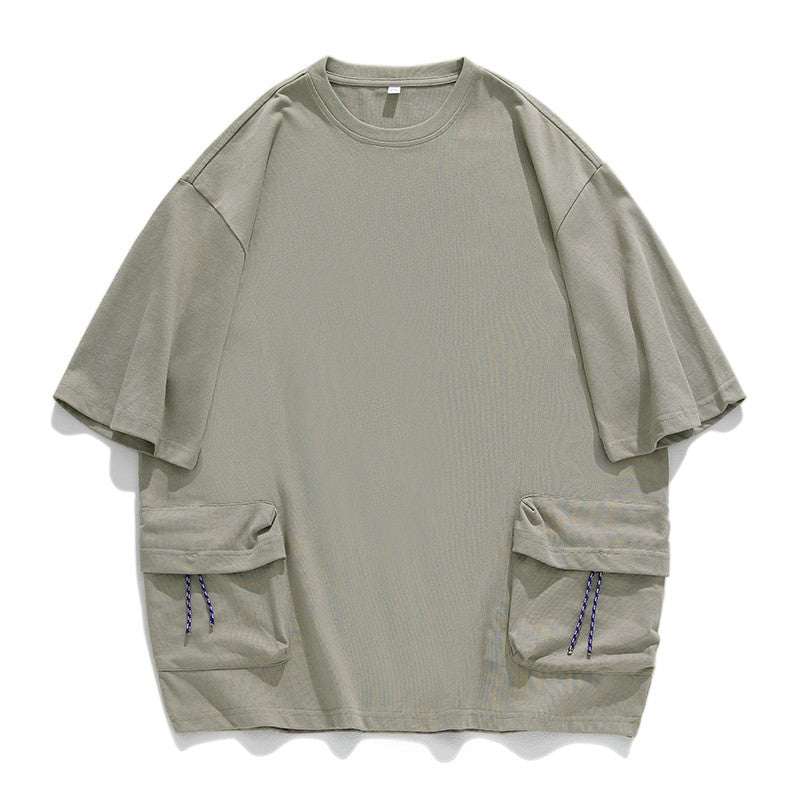 Camiseta de algodón puro vintage para hombre con ropa de trabajo con doble bolsillo 3D