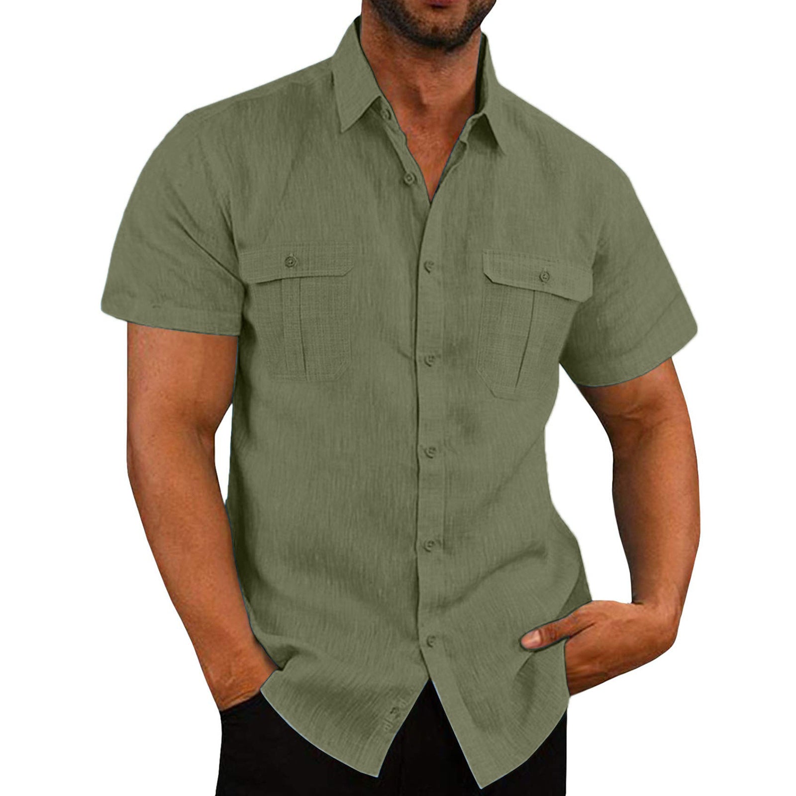 Double Pocket Wide Collar Beach Shirt Summer