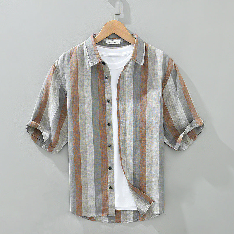 Summer Vintage Yarn-dyed Linen Five-point Sleeve Men's Contrasting Shirt