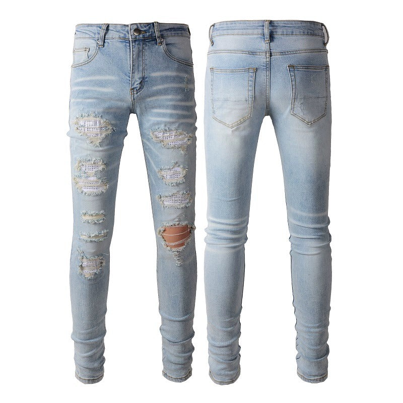 Light Colored Hot Diamond Patch With Holes In Elastic Tight Jeans For Men