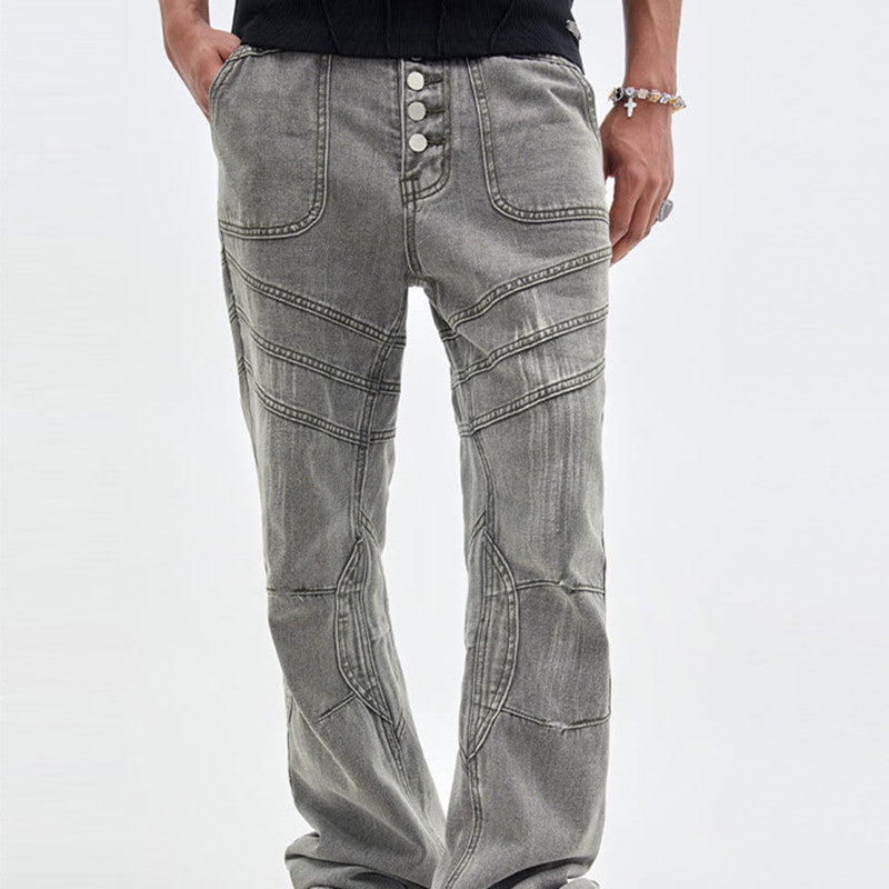 Street Washed Distressed Stitching Skinny Denim Trousers For Men