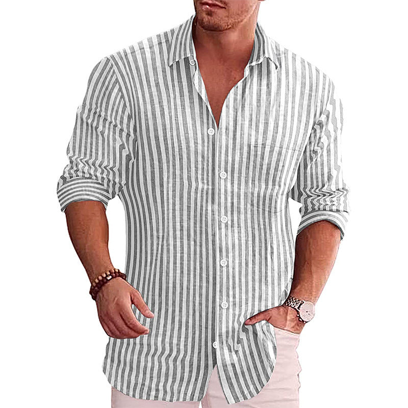 Casual Youth Lapel Striped Cotton Shirt