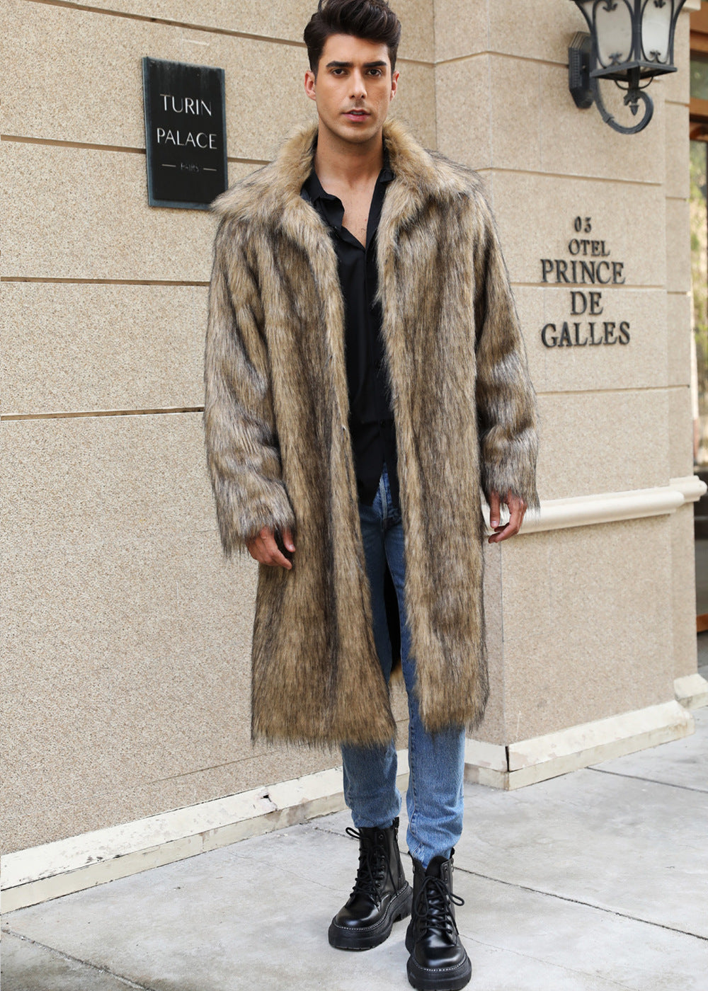 Yellow Lapel Imitation Fox Fur Men's Long Coat