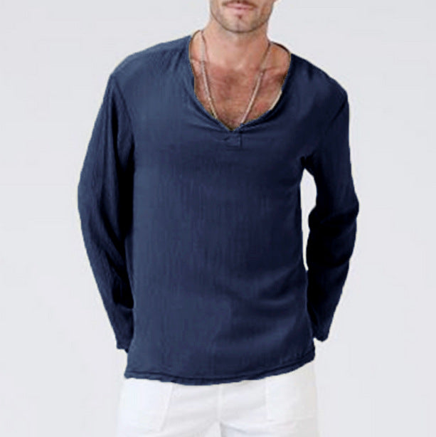 Linen Ethnic Style Loose Men's V-neck Long-sleeved T-shirt