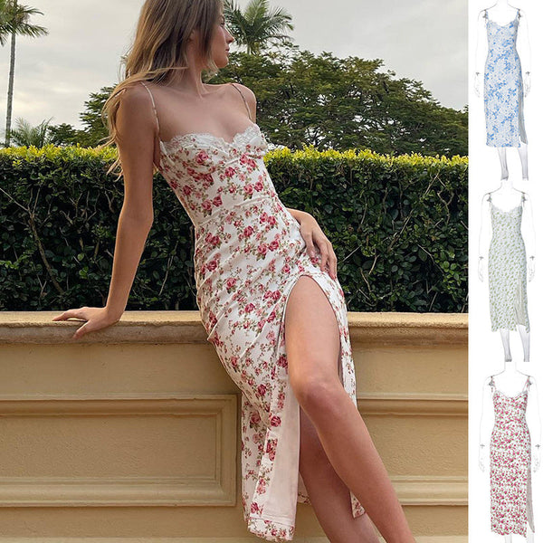 Lace Flowers Print Long Sexy Slit Suspender Dress Summer