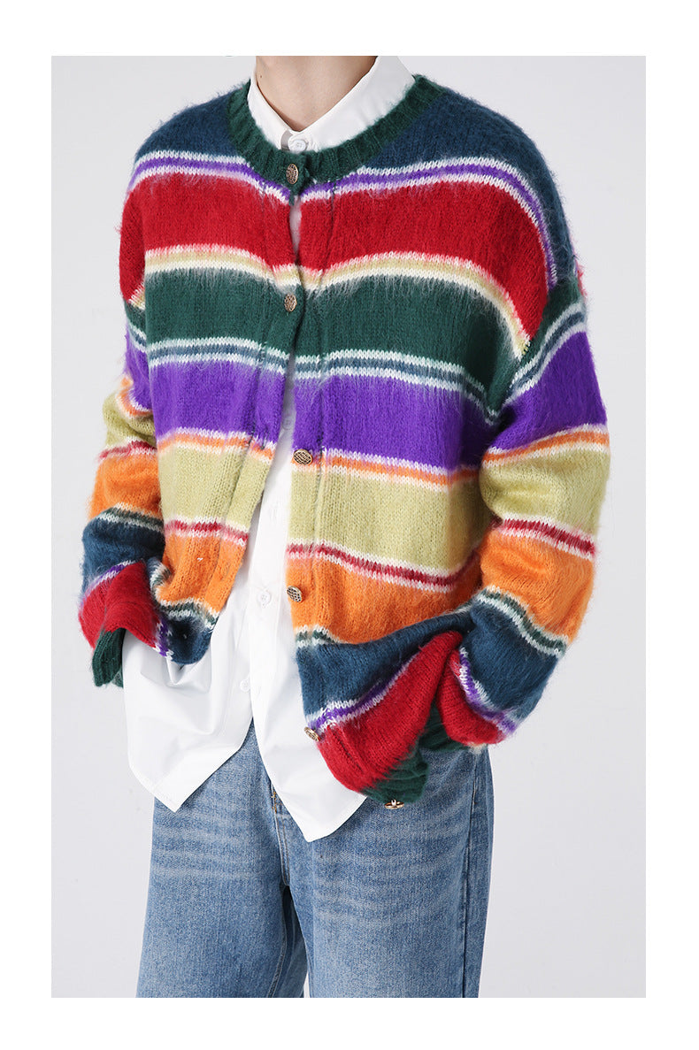 Retro Contrast Color Rainbow Striped Cardigan Knitted Sweater For Men