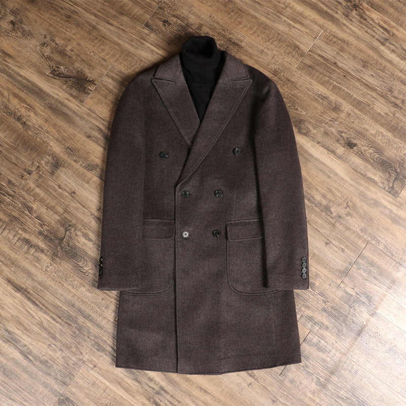 Herringbone Woolen Mid Length Double Breasted trench Coat