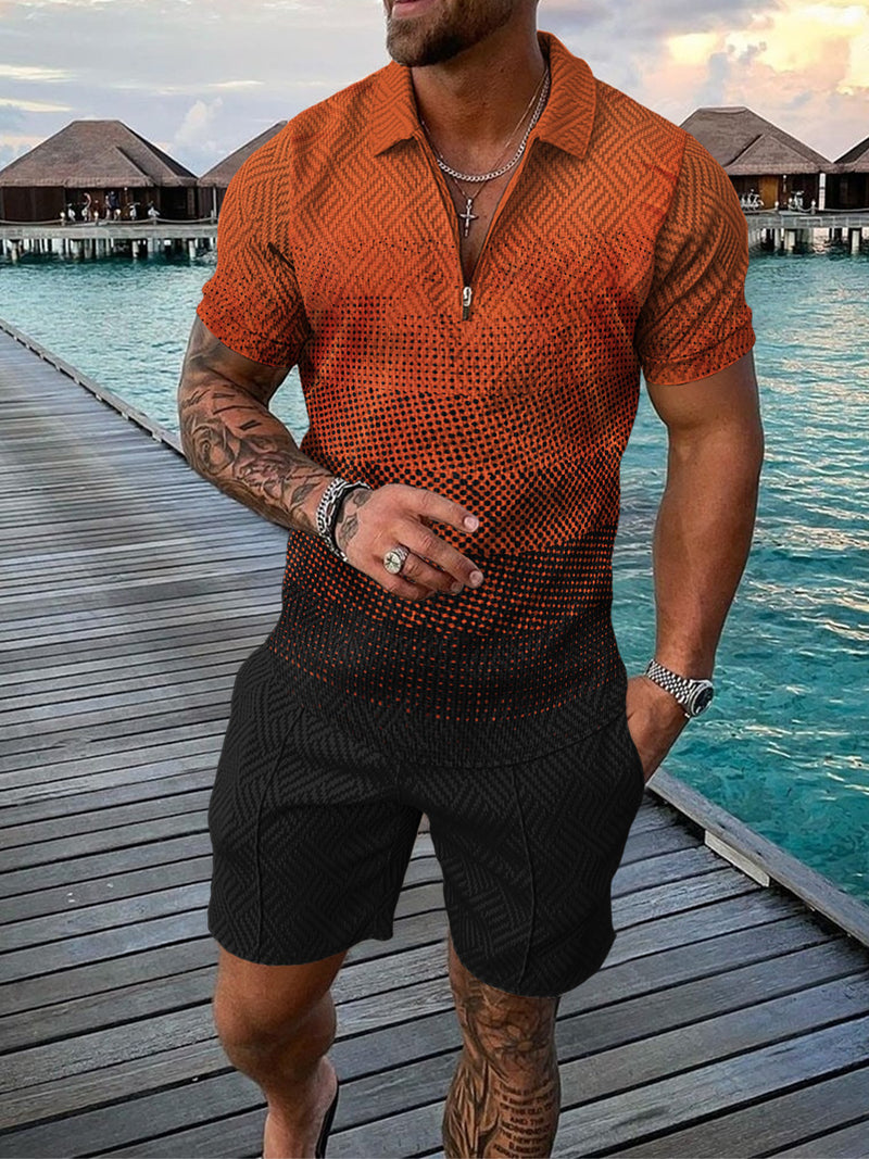 Men's Casual Color Contrast POLO Zip Lapel Shirt Short Sleeve Suit