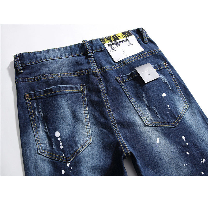 mens denim zipper blue hole Pencil Pants