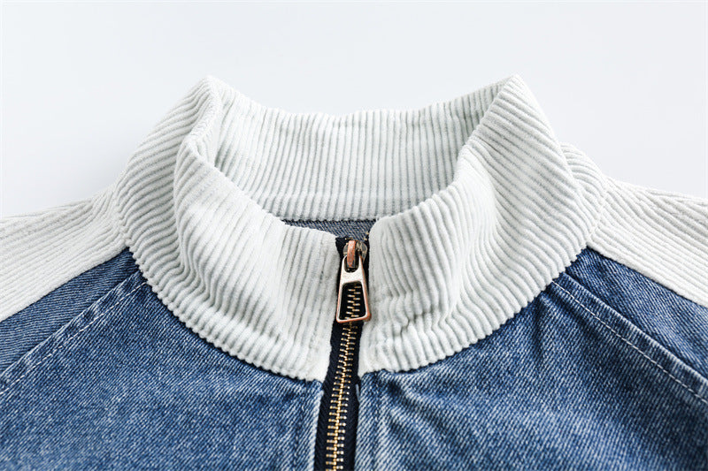 Retro Japanese Striped Short Style Stitching Denim Cotton Coat Jacket