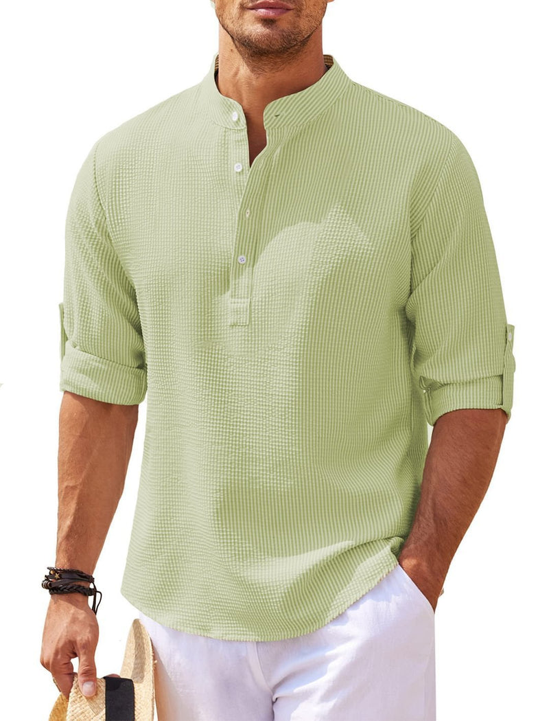 Men's Casual Long Sleeve Stand Collar Solid Color Shirt