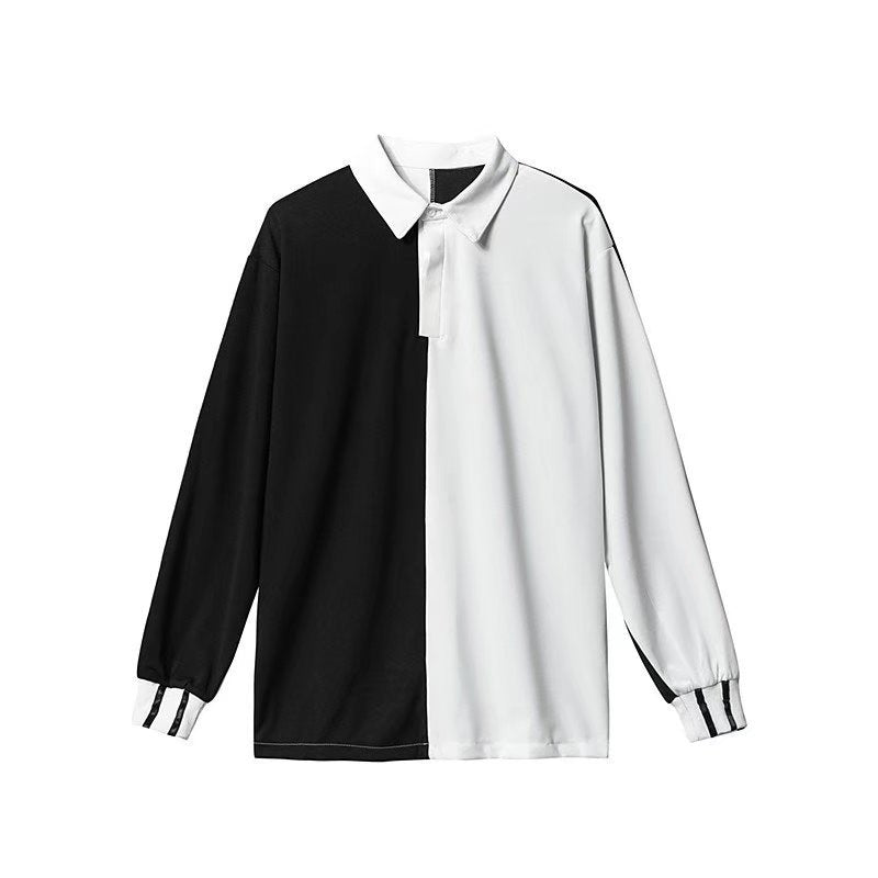 Men's Long Sleeve Trendy Black And White Colorblock Shirt