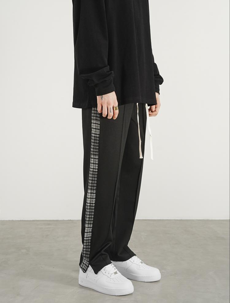 Checked Webbing String Label Straight Slit Sweatpants