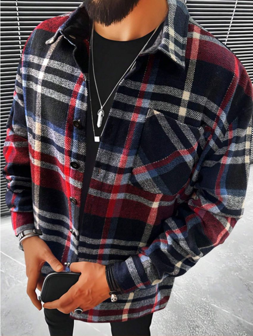 Woolen Lapel plaid Long Sleeve Shirt