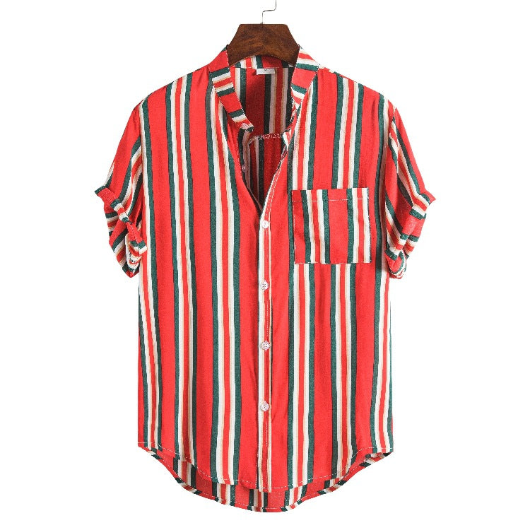 Striped Short Sleeve Casual Stand Collar Shirt