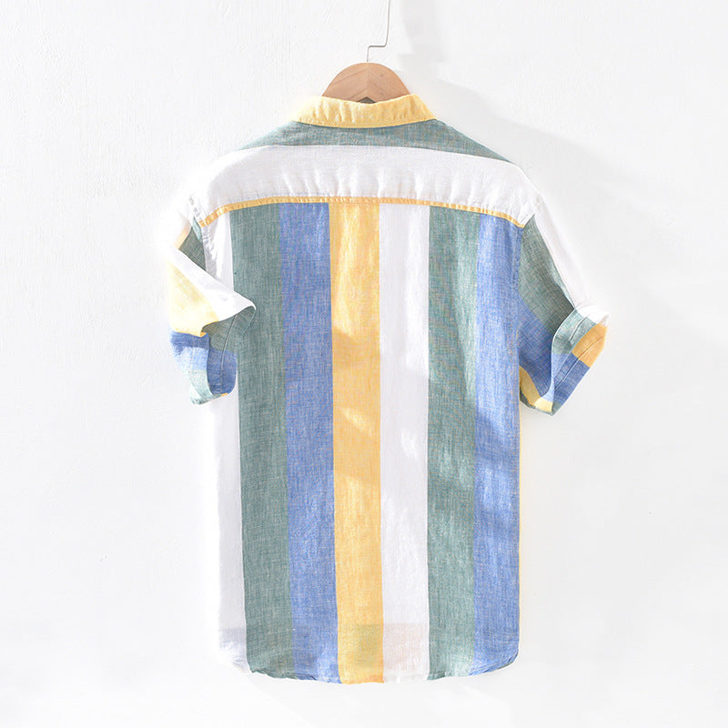 Striped Linen Shirt Men's Loose Thin Square Collar Short Sleeves