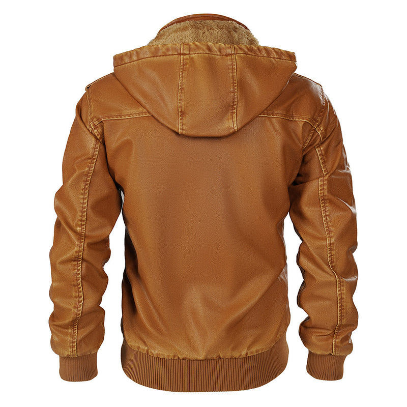 Fleece-lined Men's Autumn And Winter Hooded Leather Jacket