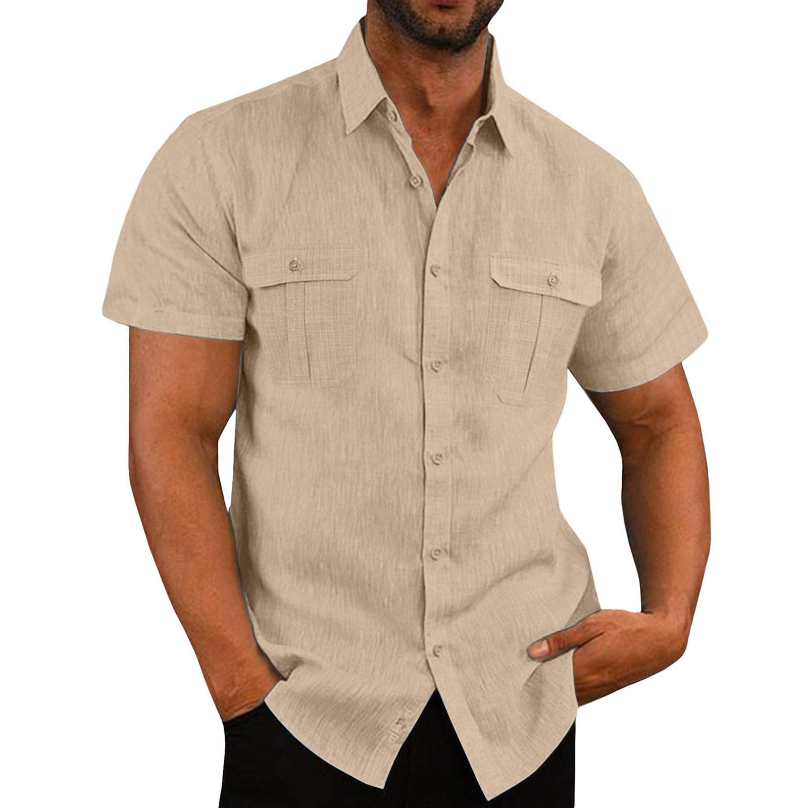 Double Pocket Wide Collar Beach Shirt Summer