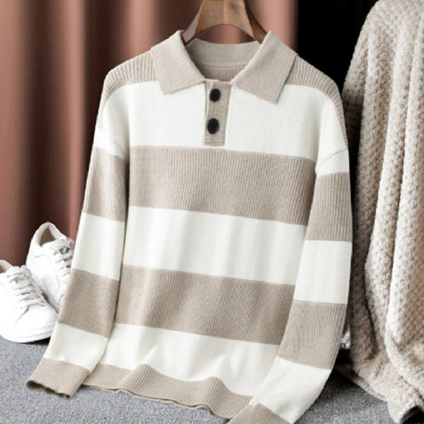 Contrast Color Striped Lapel Sweater Men's
