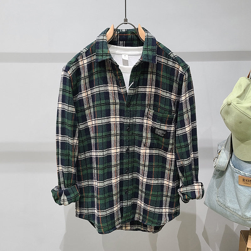 Green Plaid Cotton Long Sleeve Shirt