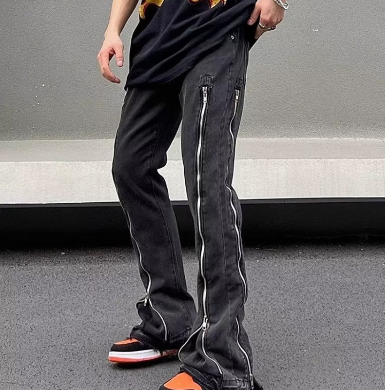 Zipper Black Straight Slightly Flared Casual Trousers For Men