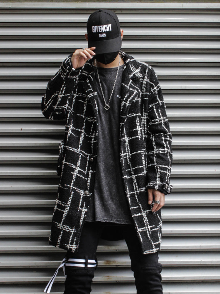 Black Plaid Mid-length Woolen Woven Coat