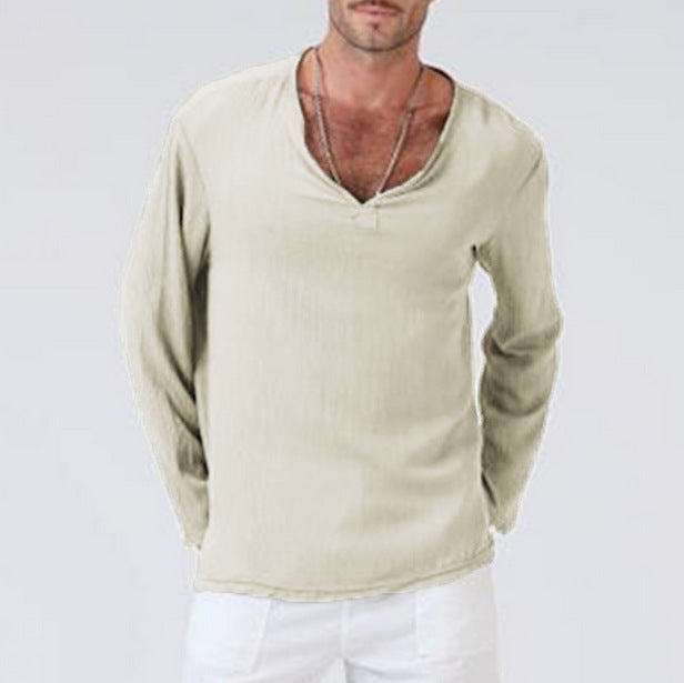 Linen Ethnic Style Loose Men's V-neck Long-sleeved T-shirt