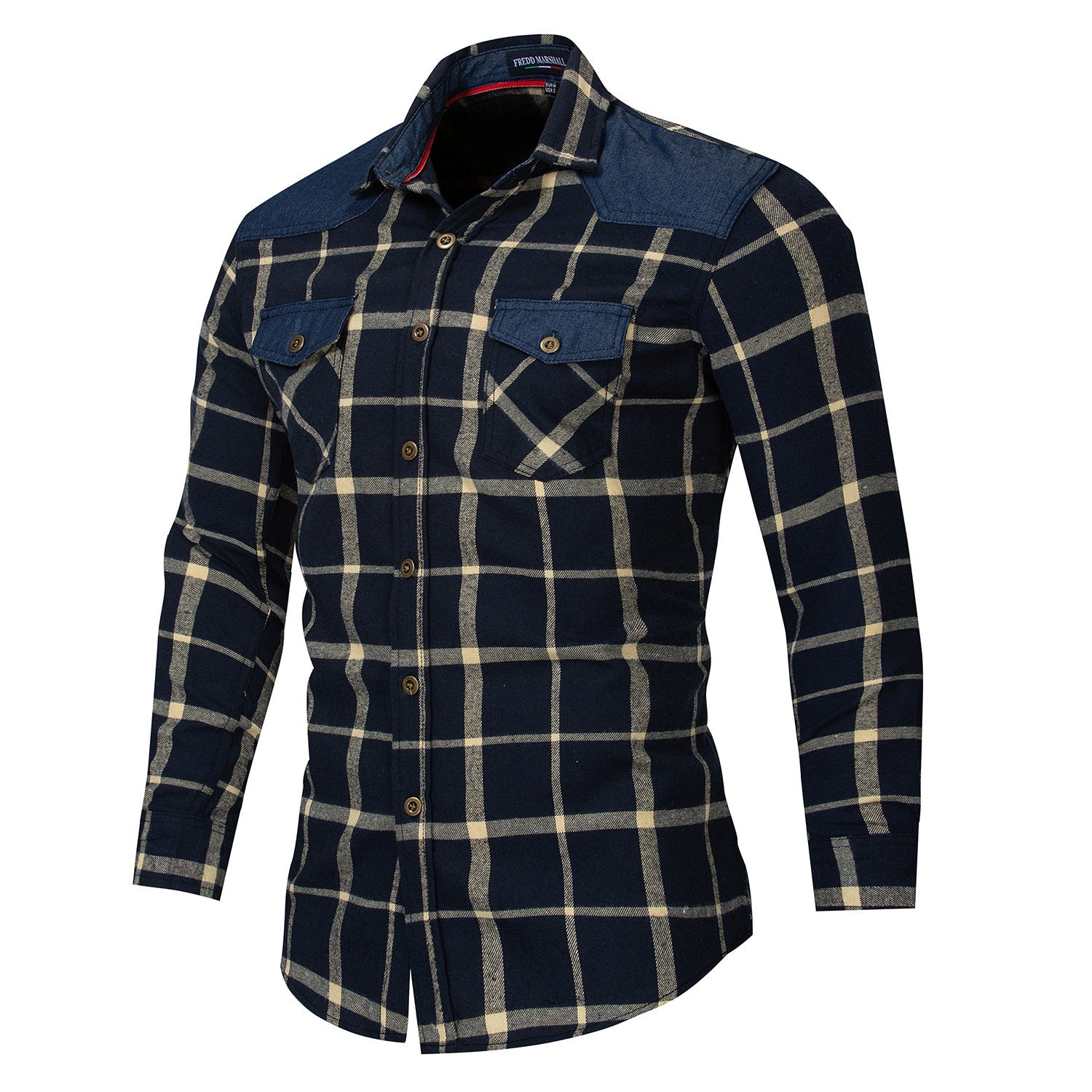 Fashion Men's Long-sleeved Denim Plaid Shirt