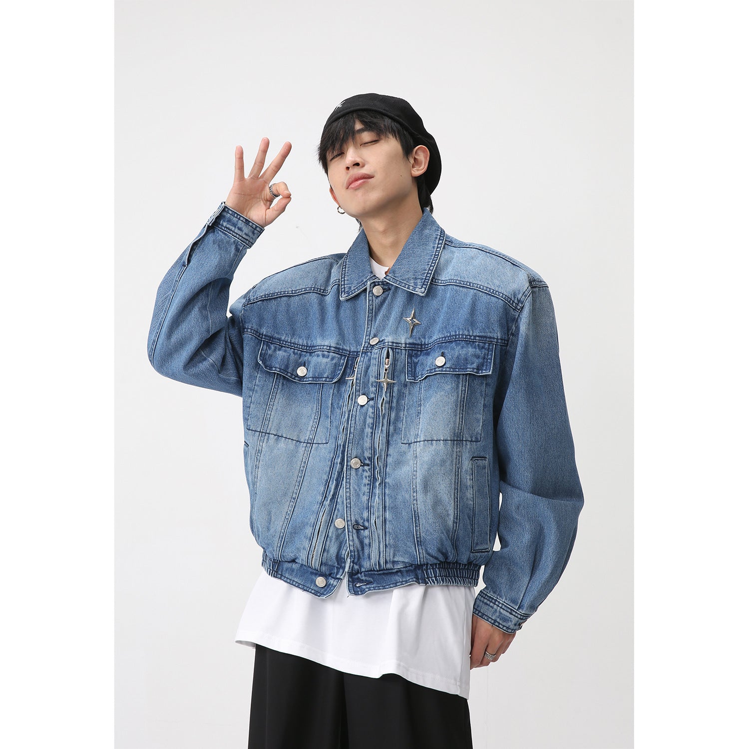 Spring Padded Shoulder Loose Waist Denim Jacket