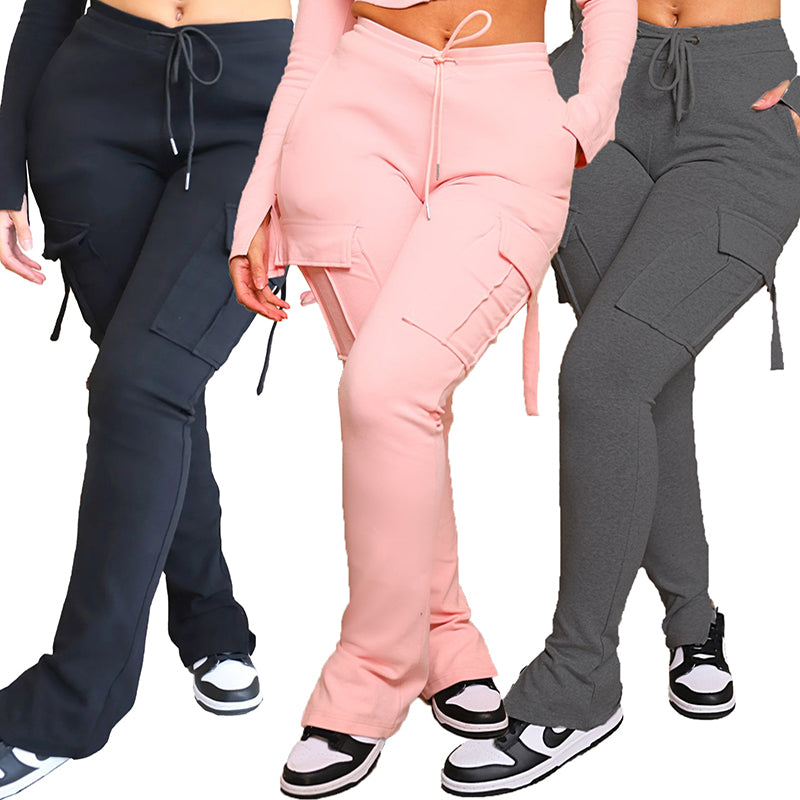 Cargo Pants With Pockets High Waist Drawstring Wide Leg Straight Trousers