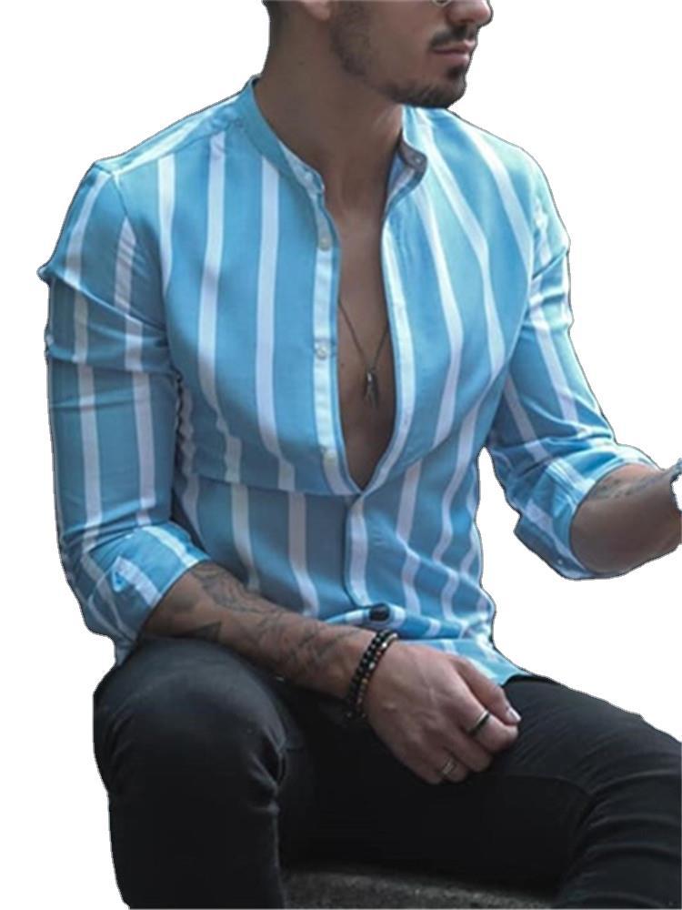 Men's Stand Collar Striped Shirt