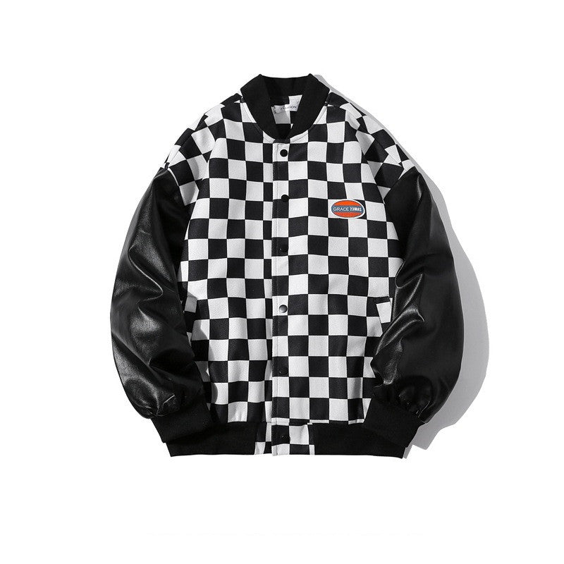 Retro Checkerboard Stitching Baseball Uniform Jacket Men