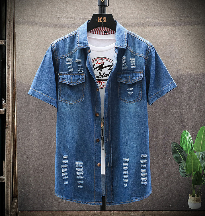 Summer New Short-sleeved Denim Shirt Men