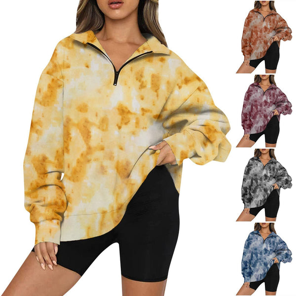 Tie Dye Printed Zippered Lapels Sweatshirt Womens