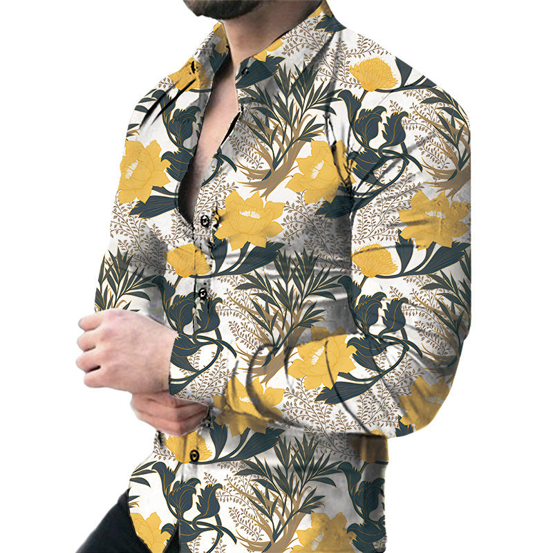 Men's Casual Long Sleeved Floral Shirt