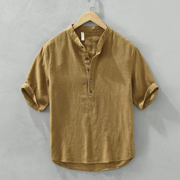 Camisa de lino y algodón con cuello levantado simple, informal, retro para hombre