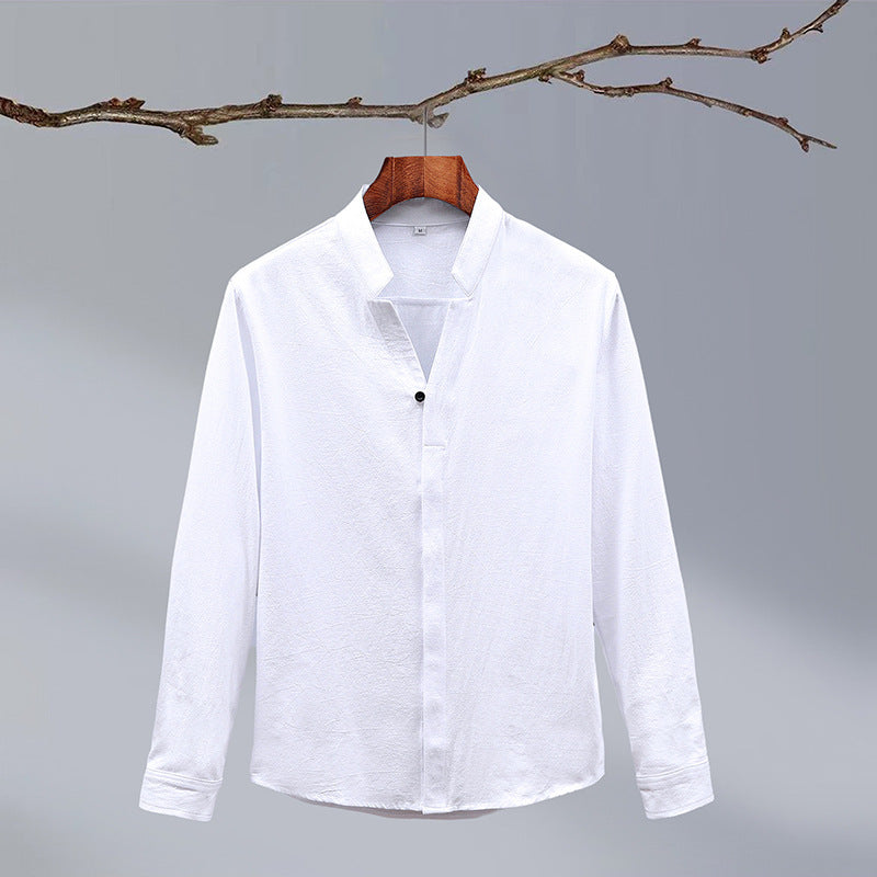 Cotton And Linen Crepe Solid Color Men's Long-sleeved Shirt