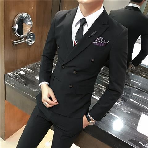 Men's Double Breasted Slim Fit Casual Suit Pants Set