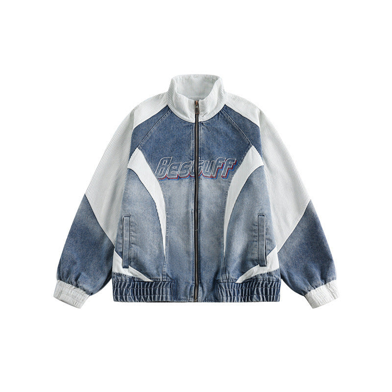 Retro Japanese Striped Short Style Stitching Denim Cotton Coat Jacket