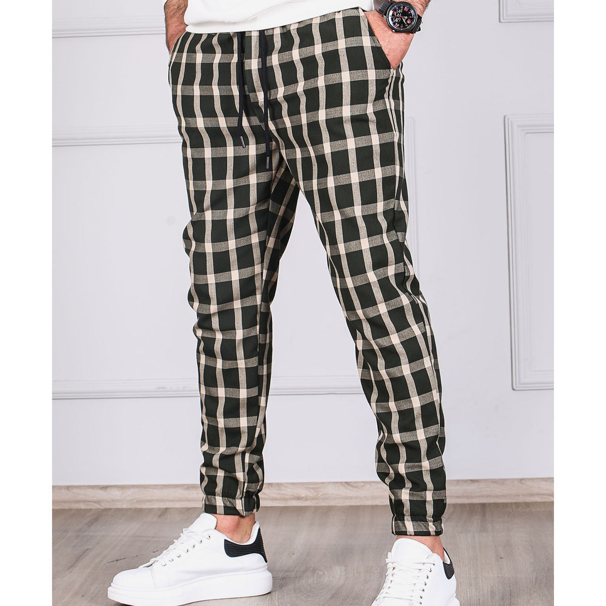 Small Lattice Striped Tethered Jogging Pants