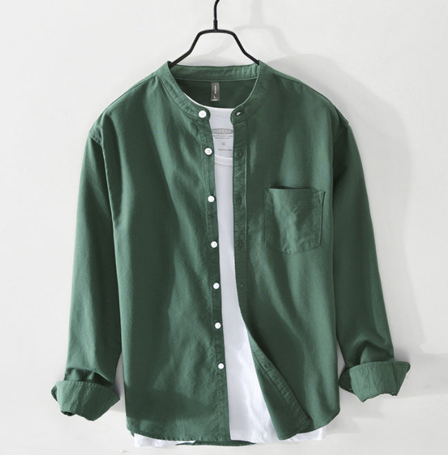 Stand-Up Collar Solid Color Simple Long-Sleeved Cotton Shirt