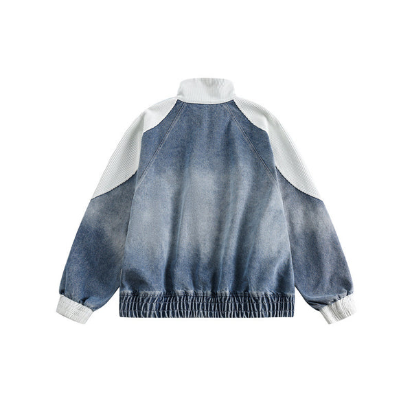 Retro Japanese Striped Short Style Stitching Denim Cotton Coat Jacket