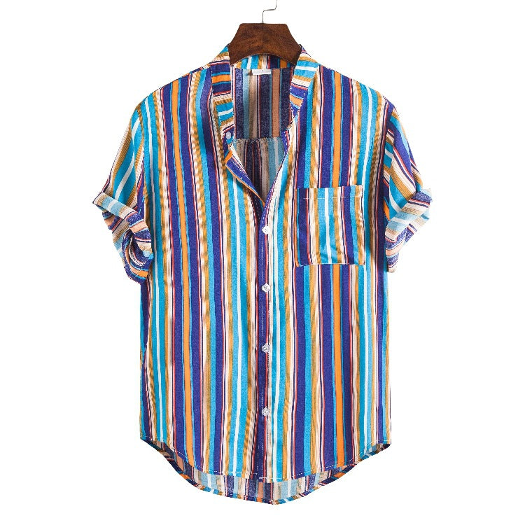 Striped Short Sleeve Casual Stand Collar Shirt