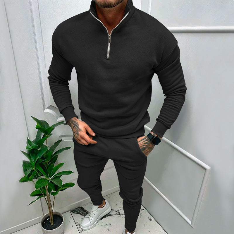 Men's Casual Fleece-lined Solid Color Top And Trousers Suit