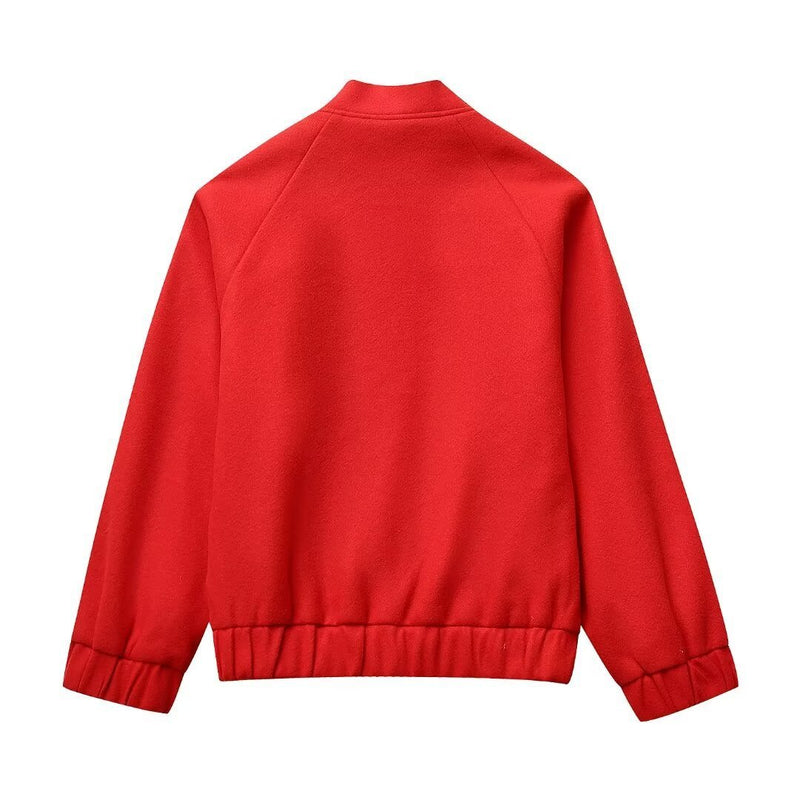 Red Stand-up Collar Casual Woolen Baseball Uniform Jacket