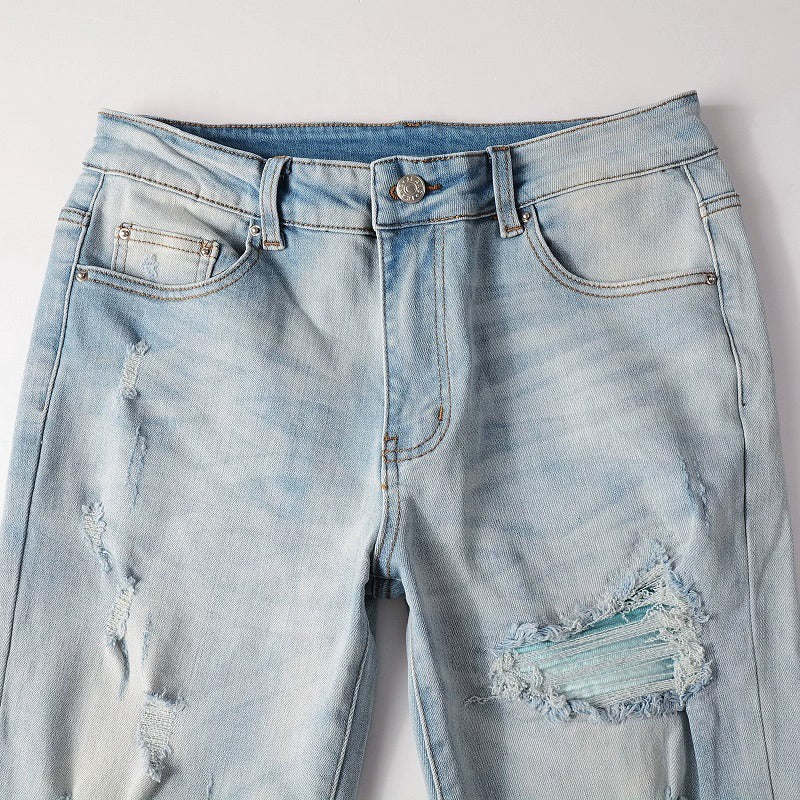 Blue Wash Water Worn Patch Torn Jeans for men