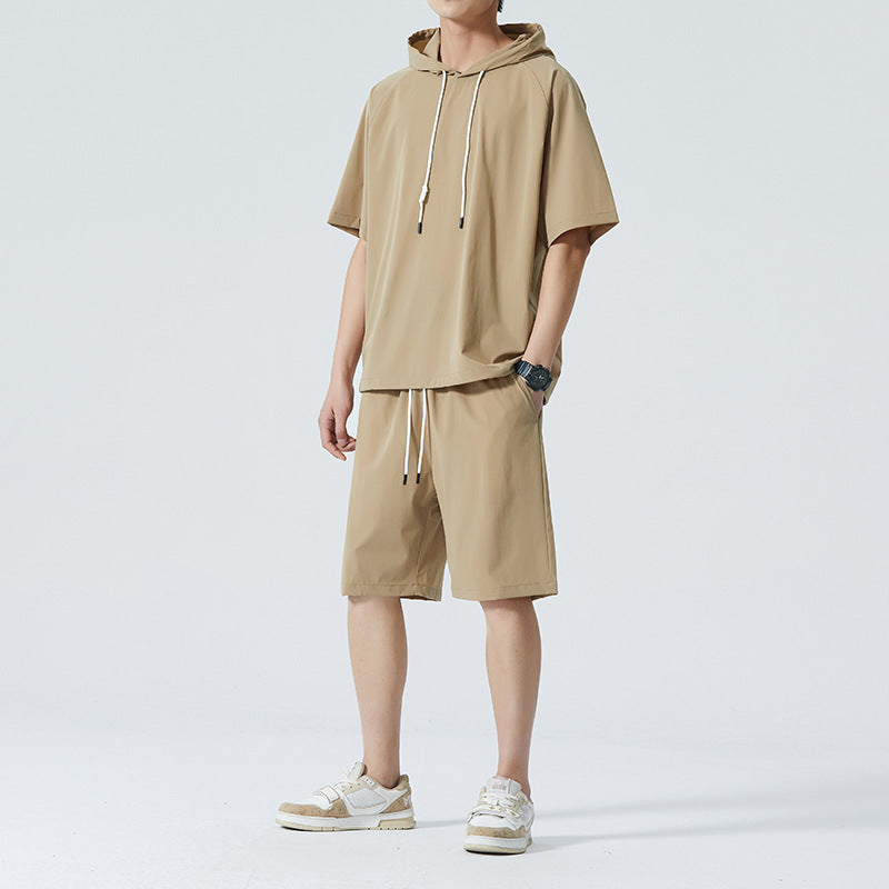 Men's Ice Silk Hooded High Street Short Sleeve T-shirt Shorts Set