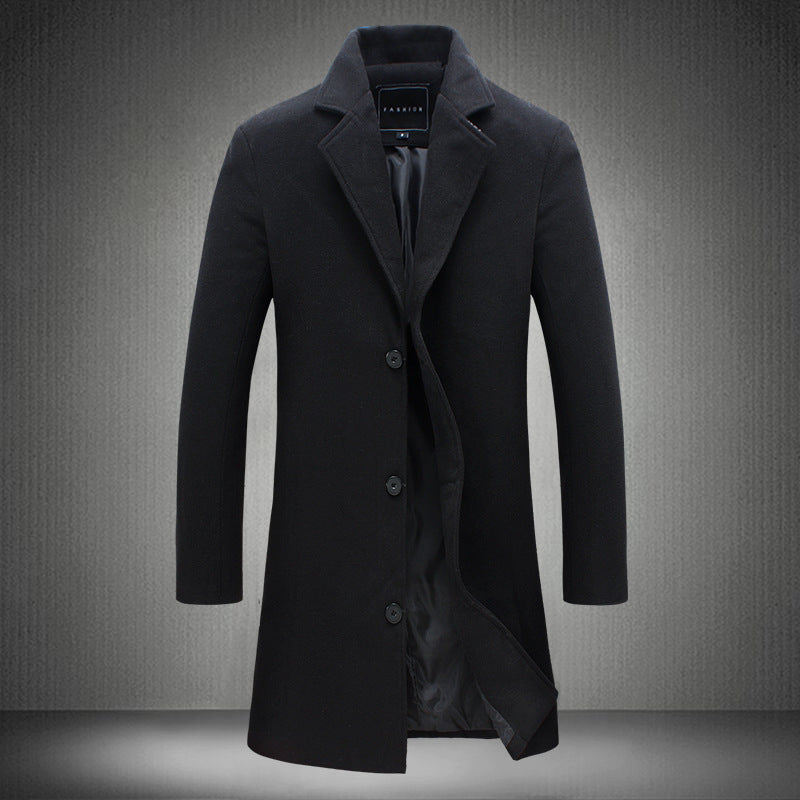 Men's Woolen Slim-fit Mid-length Trench Coat