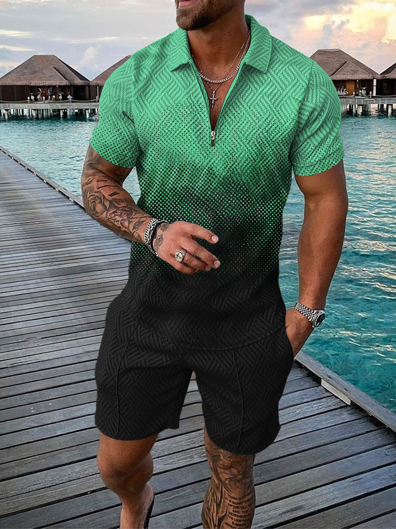 Men's Casual Color Contrast POLO Zip Lapel Shirt Short Sleeve Suit
