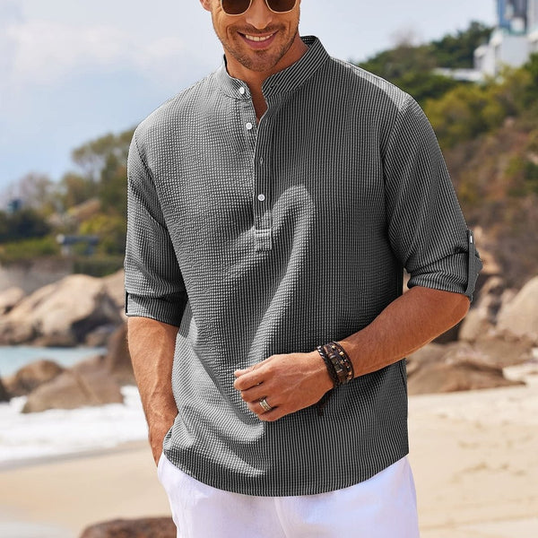 Men's Casual Long Sleeve Stand Collar Solid Color Shirt